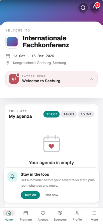 Startbildschirm der Konferenz-App mit Programm des Tages